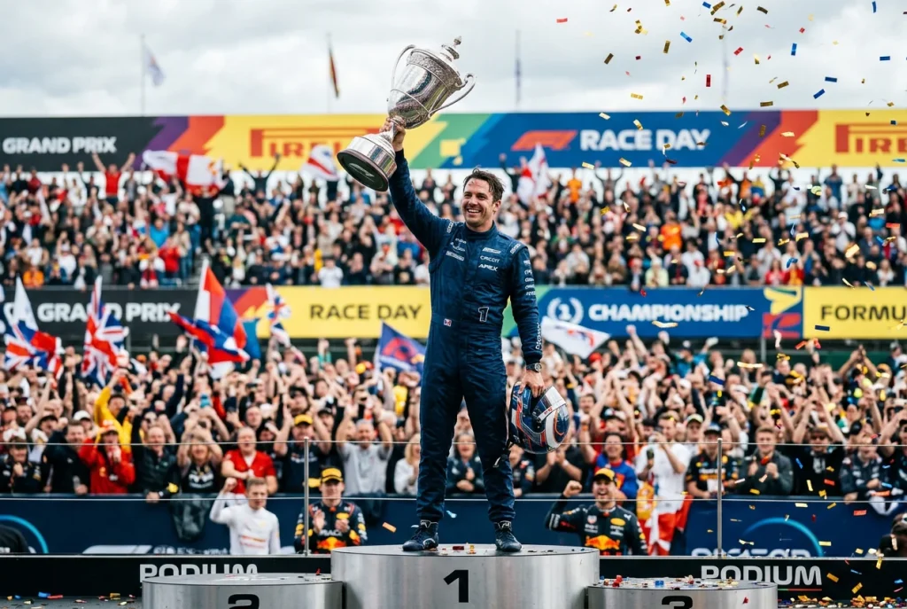 Piloto de Fórmula 1 celebrando con el trofeo del campeonato del mundo en el podio
