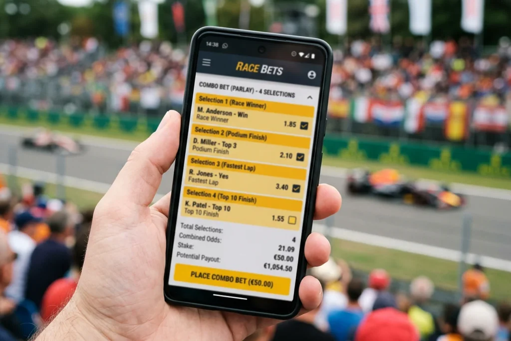 Pantalla de casa de apuestas mostrando múltiples selecciones de una apuesta combinada de Fórmula 1