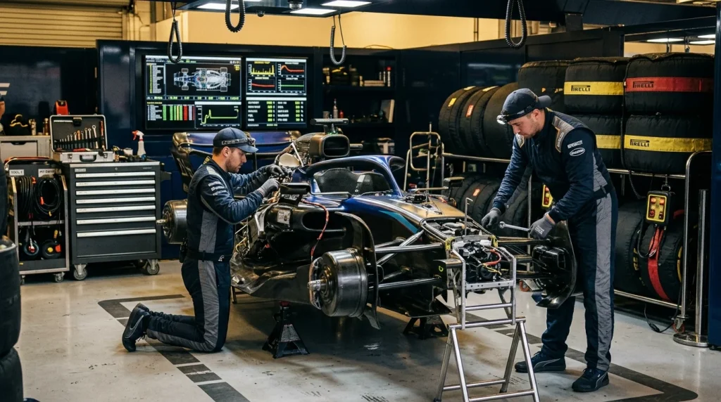 Garaje de escudería de Fórmula 1 con mecánicos preparando un monoplaza antes de la carrera