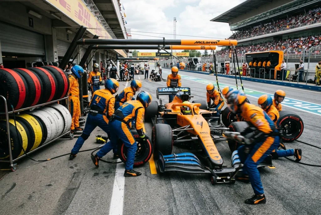 Mecánicos de Fórmula 1 cambiando neumáticos durante una parada en boxes en un Gran Premio