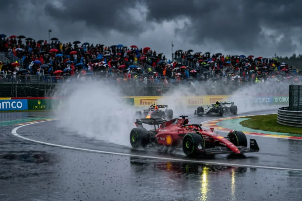 Monoplazas de Fórmula 1 rodando sobre pista mojada con lluvia durante un Gran Premio