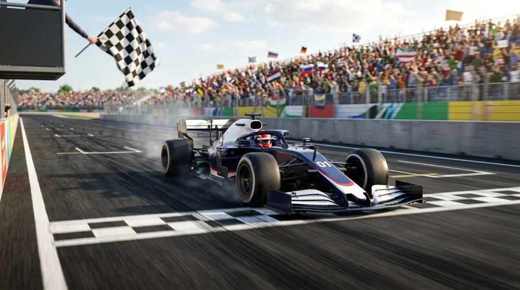 Monoplaza de Fórmula 1 cruzando la línea de meta en primer lugar durante un Gran Premio