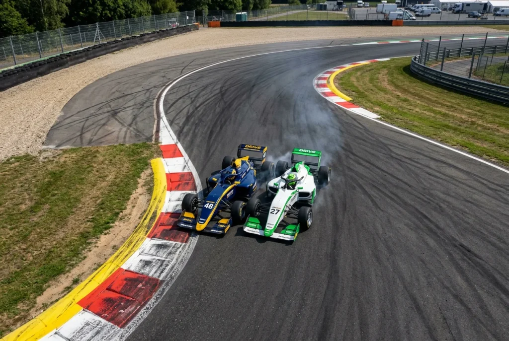Dos monoplazas de Fórmula 1 compitiendo rueda a rueda en un duelo directo durante una carrera