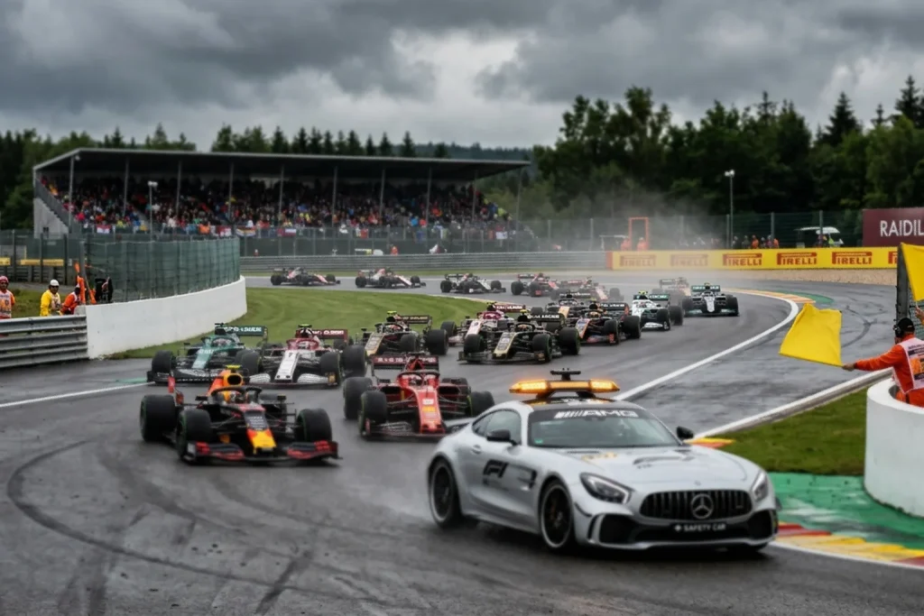 Safety car de Fórmula 1 liderando el pelotón de monoplazas durante una neutralización en carrera
