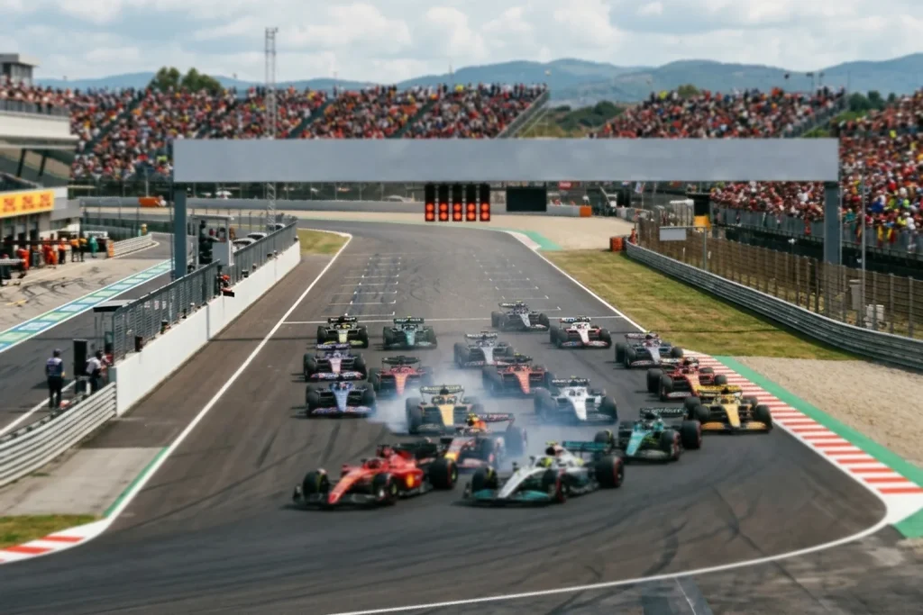 Salida de una Sprint Race de Fórmula 1 con los monoplazas lanzándose a la primera curva