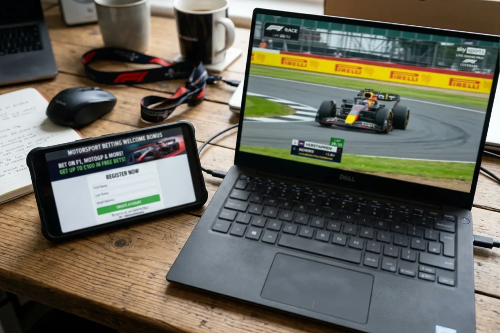 Pantalla de registro en una casa de apuestas con promoción de bienvenida para apuestas de motor