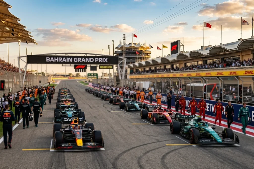 Parrilla de salida de Fórmula 1 con coches alineados antes de un Gran Premio