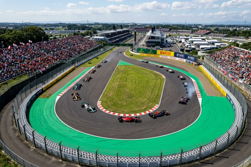 Vista aérea de un circuito de Fórmula 1 con coches en pista durante un Gran Premio
