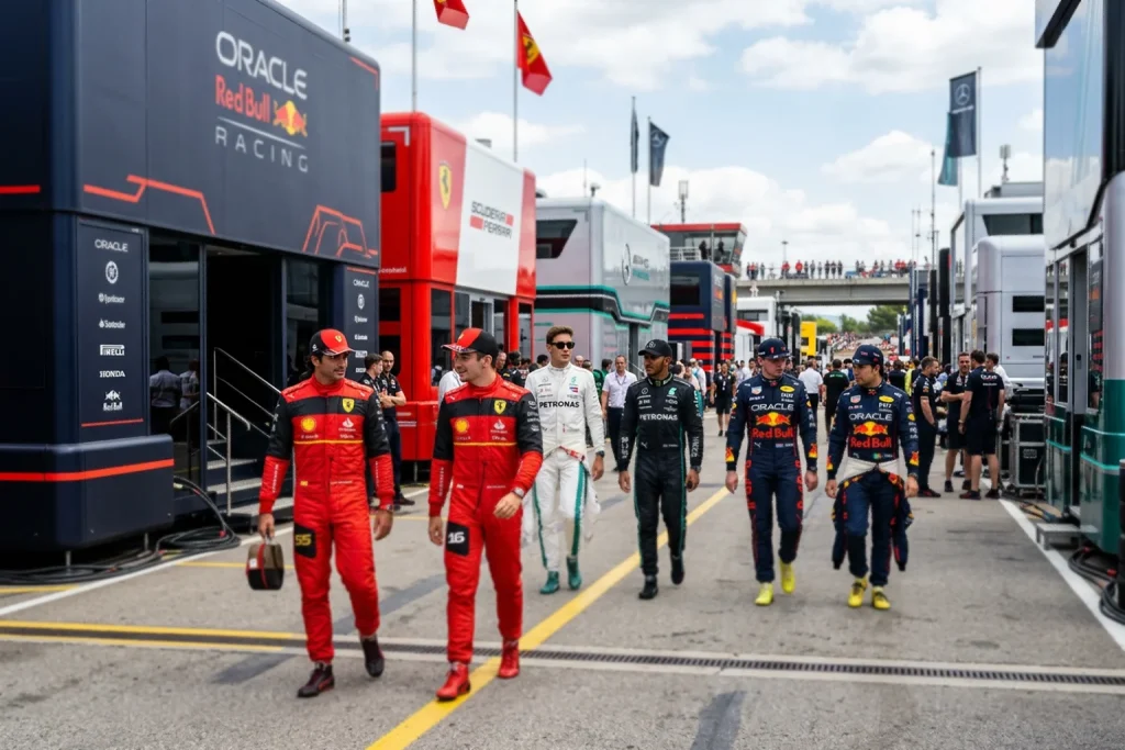 Pilotos de Fórmula 1 en el paddock con cascos y monos de competición antes de una carrera