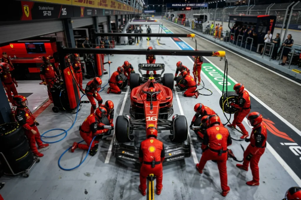 Equipo de mecánicos realizando un pit stop a un monoplaza de Fórmula 1 en boxes