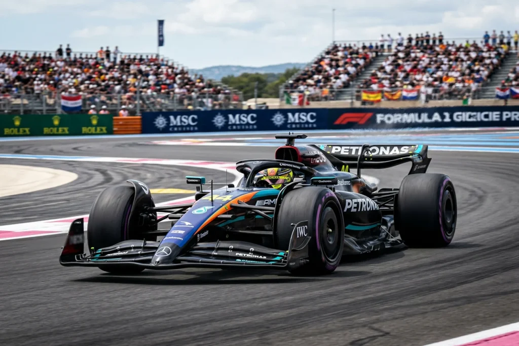 Monoplaza de Fórmula 1 con aerodinámica activa en pista durante un Gran Premio